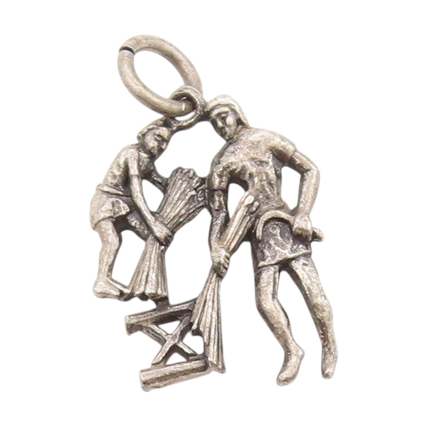925 Sterling Silver Vintage Pendant Father & Son Wheat Harvesting Charm  PT25122