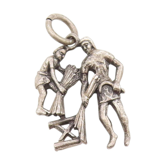 925 Sterling Silver Vintage Pendant Father & Son Wheat Harvesting Charm  PT25122
