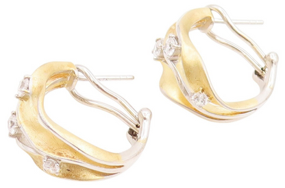 925 Sterling Silver Vintage Earrings Two Tone CZ Modernist Wavy Hoops  EG14040