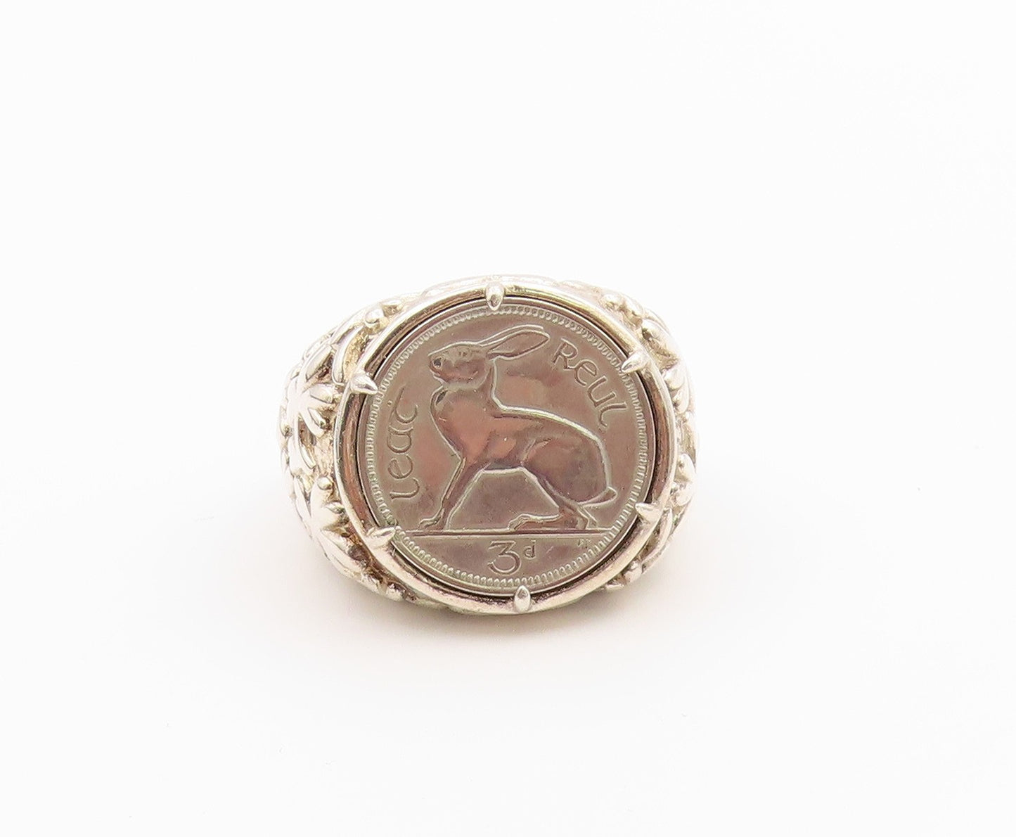 925 Sterling Silver Vintage Ring IRELAND 1966 Eire Hare Coin  Sz 10  RG36469
