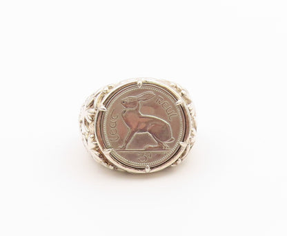 925 Sterling Silver Vintage Ring IRELAND 1966 Eire Hare Coin  Sz 10  RG36469