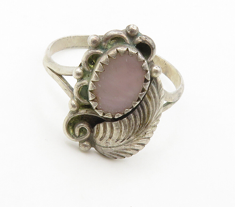 NAVAJO 925 Silver  Vintage Mother Of Pearl Floral Leaf Band Ring Sz 8  RG15182