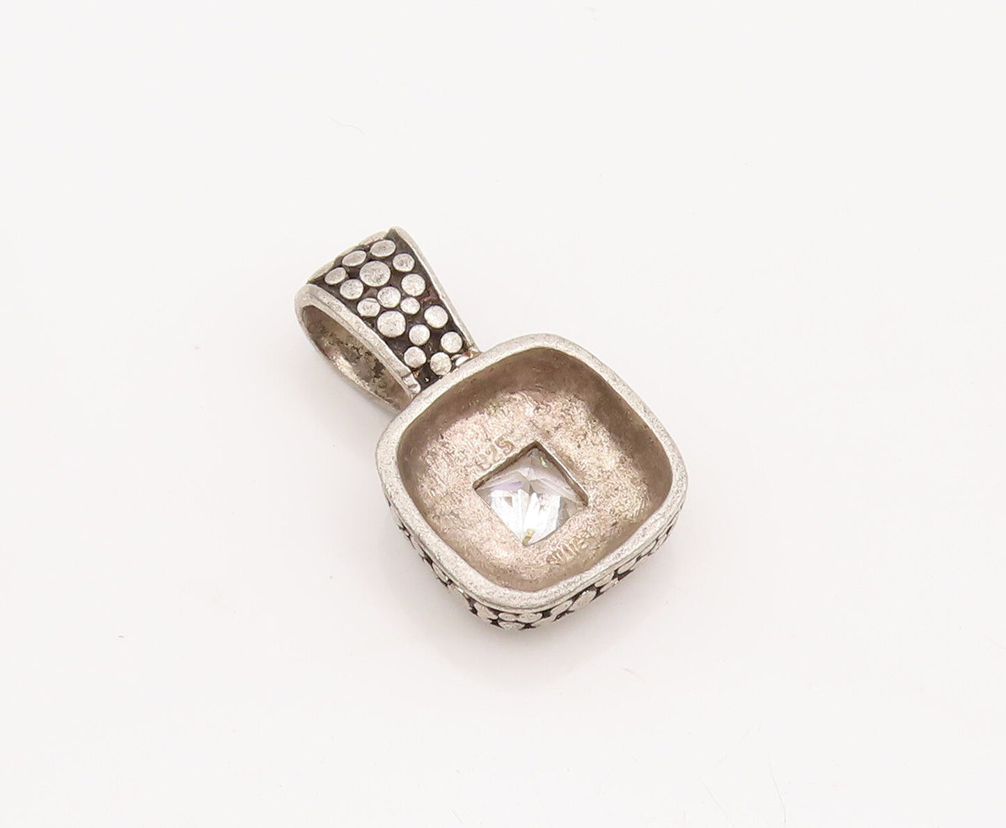 925 Sterling Silver Vintage Pendant Square Cut CZ Pebble Effect Carved   PT23093