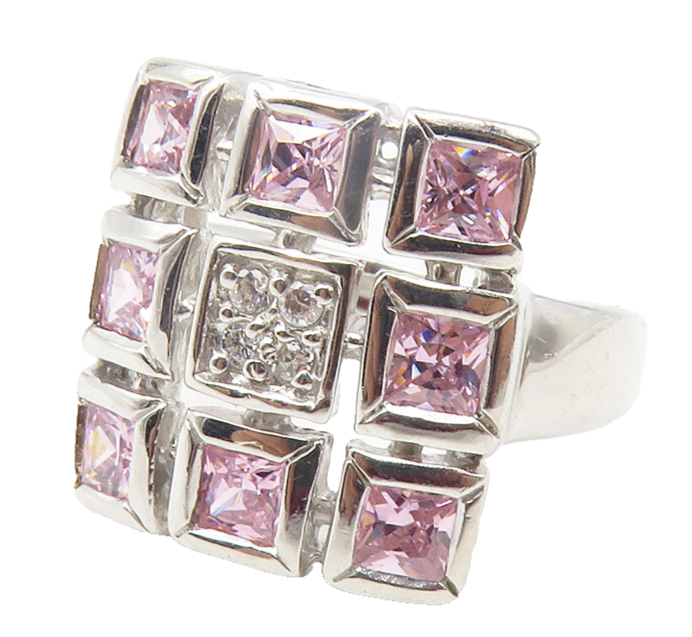 925 Sterling Silver  Pink & White Topaz Grid Cocktail Ring Sz 6  RG11840