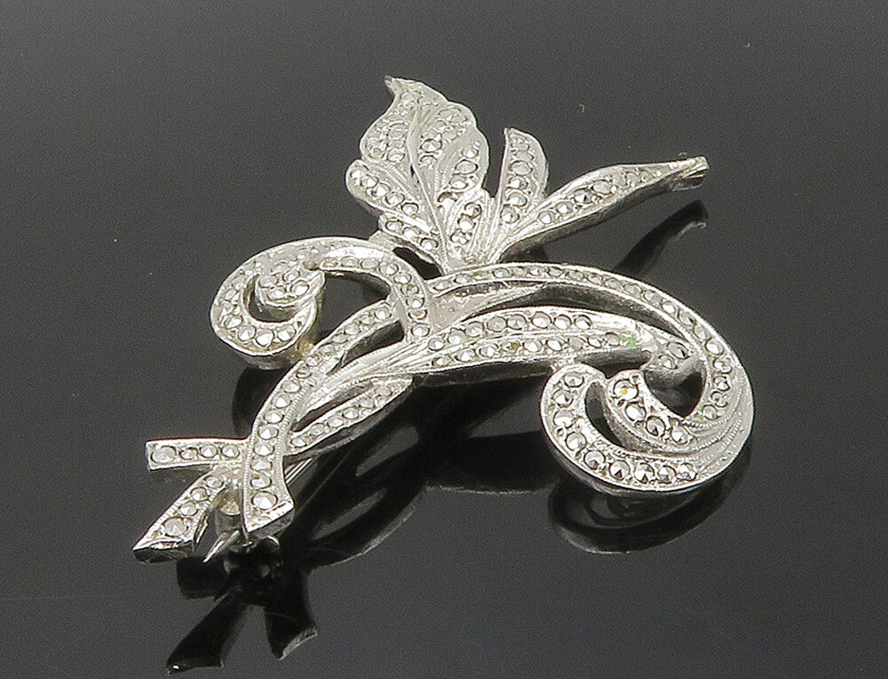 925 Sterling Silver  Vintage Sparkling Floral Swirl Brooch Pin  BP6093
