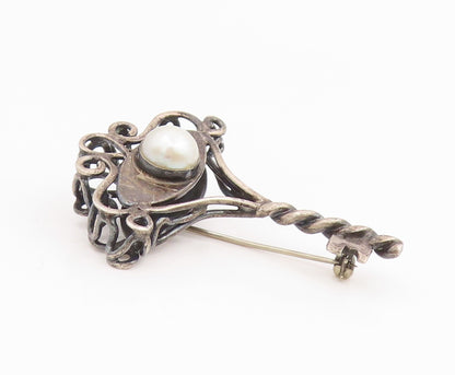 925 Sterling Silver Vintage Brooch Pin Round Pearl Elegant Scroll Key  BP12360