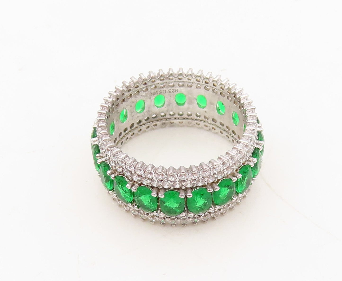 925 Sterling Silver Vintage Ring Oval Green & White CZ  Band  Sz 7  RG30406