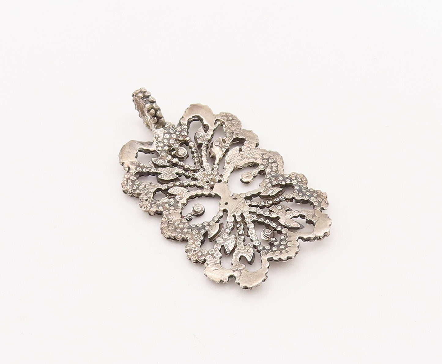 925 Sterling Silver Vintage Pendant Beaded Cutout Floral Design  PT23487
