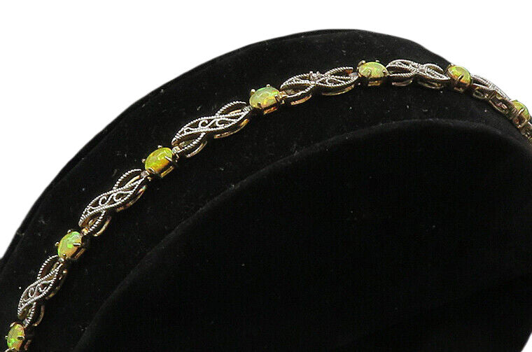 925 Sterling Silver  Vintage Cabochon Cut Fire Opal Chain Bracelet  BT8317