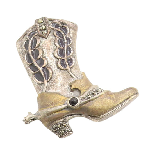 925 Sterling Silver Vintage Brooch Onyx & Marcasite Enameled Boot Pin  BP12032