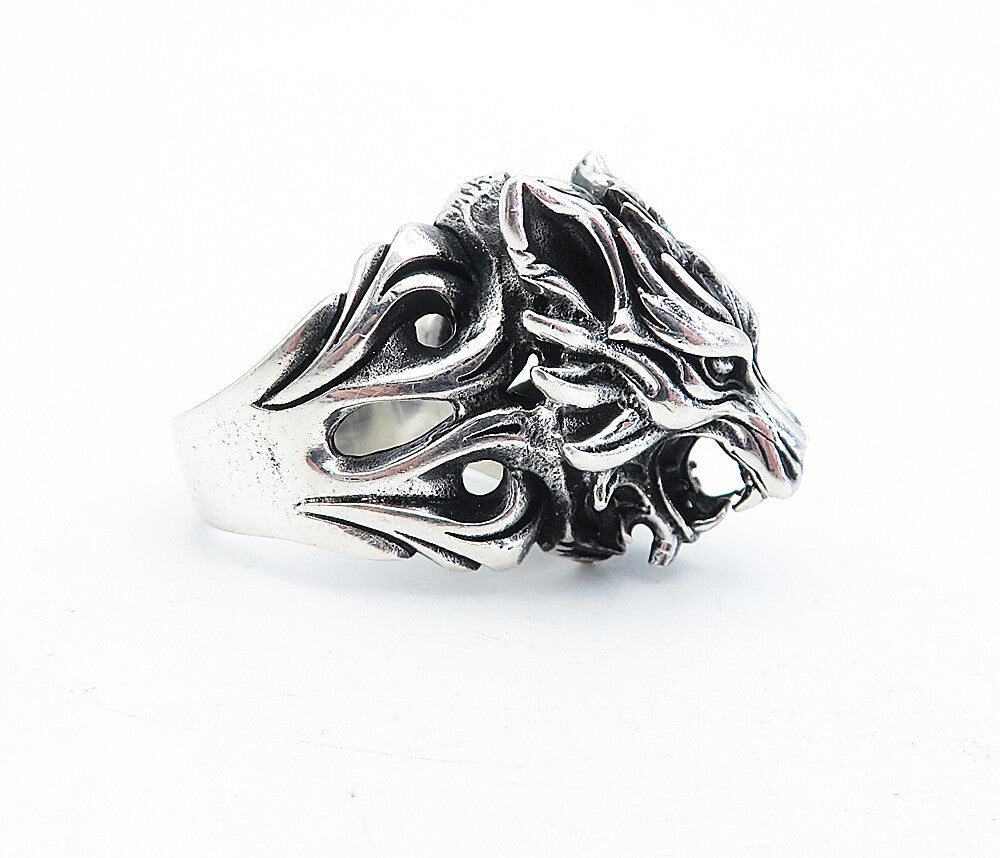 925 Sterling Silver  Vintage Sculpted Wolf's Head Band Ring Sz 9  RG5375