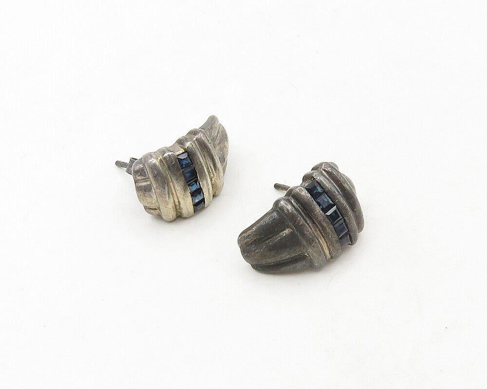 925 Sterling Silver  Vintage Sapphire Dark Tone Curved Drop Earrings  EG9533
