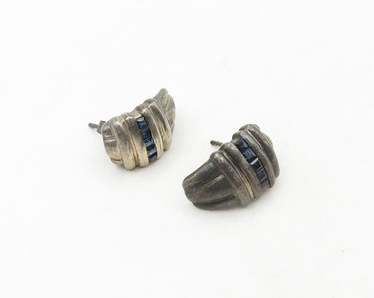 925 Sterling Silver  Vintage Sapphire Dark Tone Curved Drop Earrings  EG9533