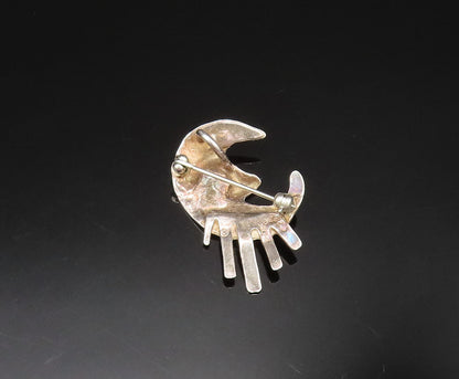 925 Sterling Silver  Vintage Modernist Crescent Moon Face Brooch Pin  BP9625