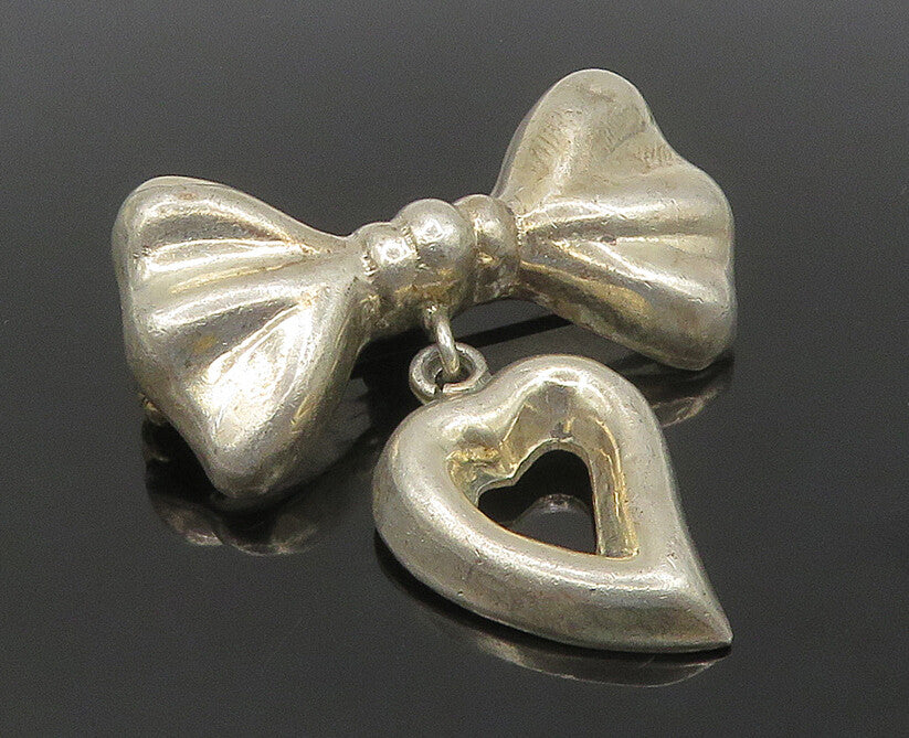MEXICO 925 Silver  Vintage Shiny Ribbon Bow& Love Heart Brooch Pin  BP7111