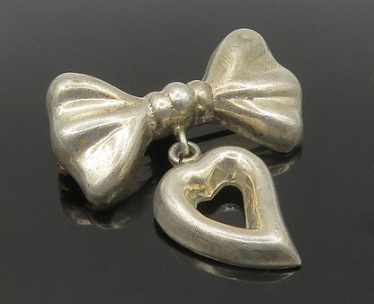 MEXICO 925 Silver  Vintage Shiny Ribbon Bow& Love Heart Brooch Pin  BP7111