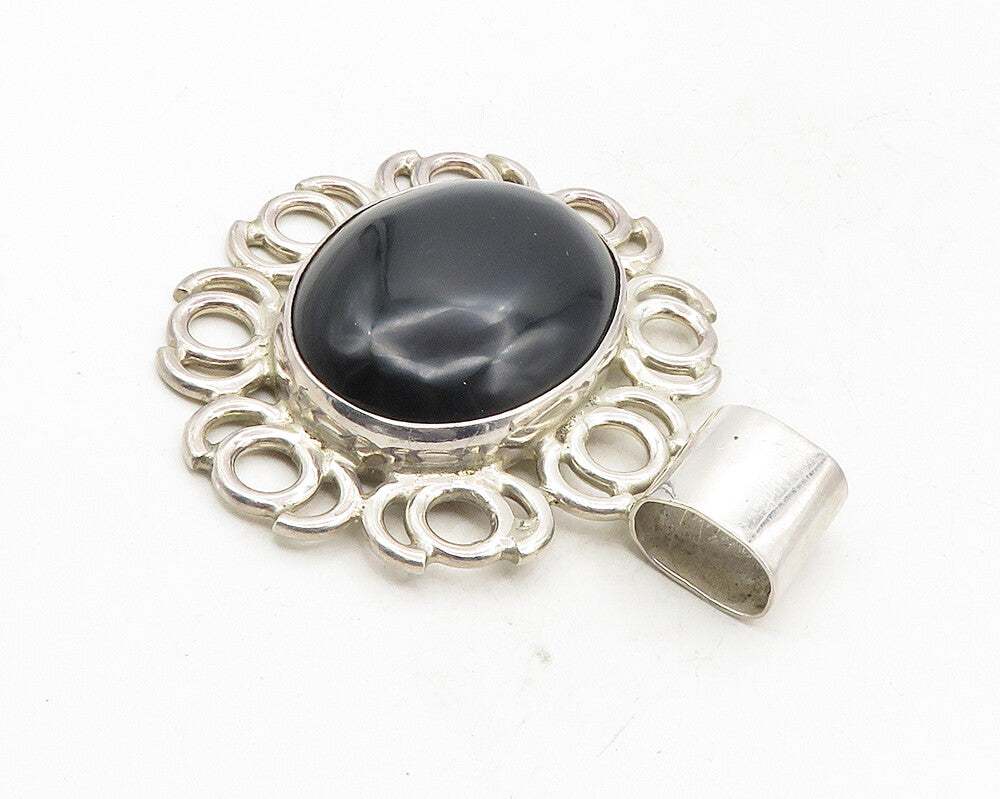 MEXICO 925 Sterling Silver  Vintage Cabochon Cut Black Onyx Pendant  PT7859