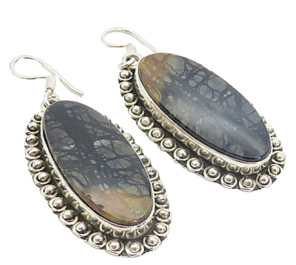 925 Sterling Silver  Vintage Jasper Circle Border Oval Dangle Earrings  EG3212