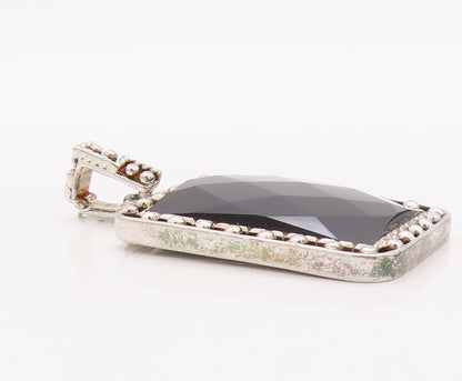 925 Sterling Silver Vintage Pendant Rectangle Cut Onyx Beaded Frame  PT23501