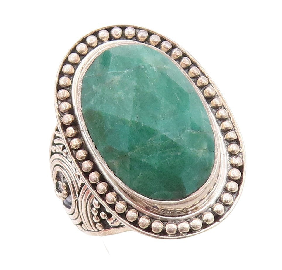 925 Sterling Silver Vintage Ring Oval Green Gemstone Halo Beaded  Sz 5.5 RG30219