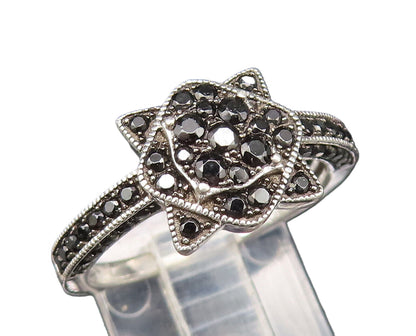 925 Silver  Vintage Shimmering Black Spinel Flower Motif Ring Sz 8  RG25701