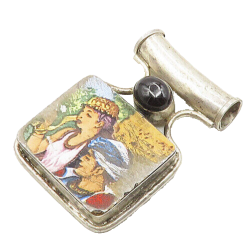 925 Sterling Silver  Vintage Cabochon Black Onyx Enamel Art Pendant  PT14734
