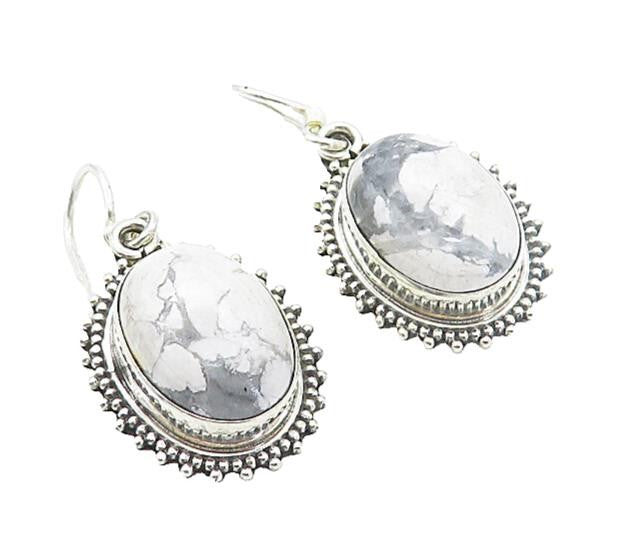 925 Sterling Silver  Vintage Cabochon Cut Grey Jasper Dangle Earrings  EG3156
