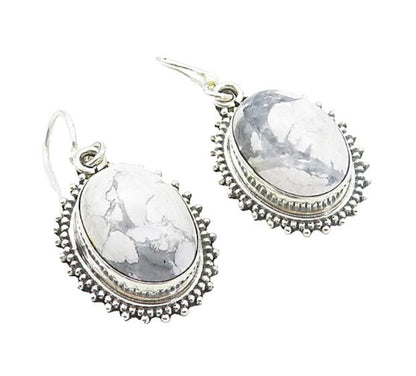 925 Sterling Silver  Vintage Cabochon Cut Grey Jasper Dangle Earrings  EG3156