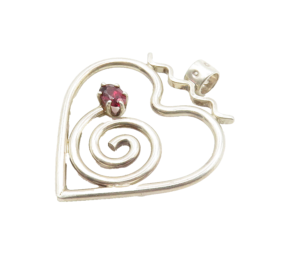 925 Sterling Silver  Vintage Pink Topaz Open Spiral Love Heart Pendant PT11624