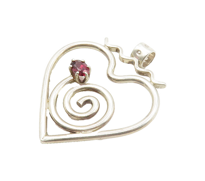925 Sterling Silver  Vintage Pink Topaz Open Spiral Love Heart Pendant PT11624