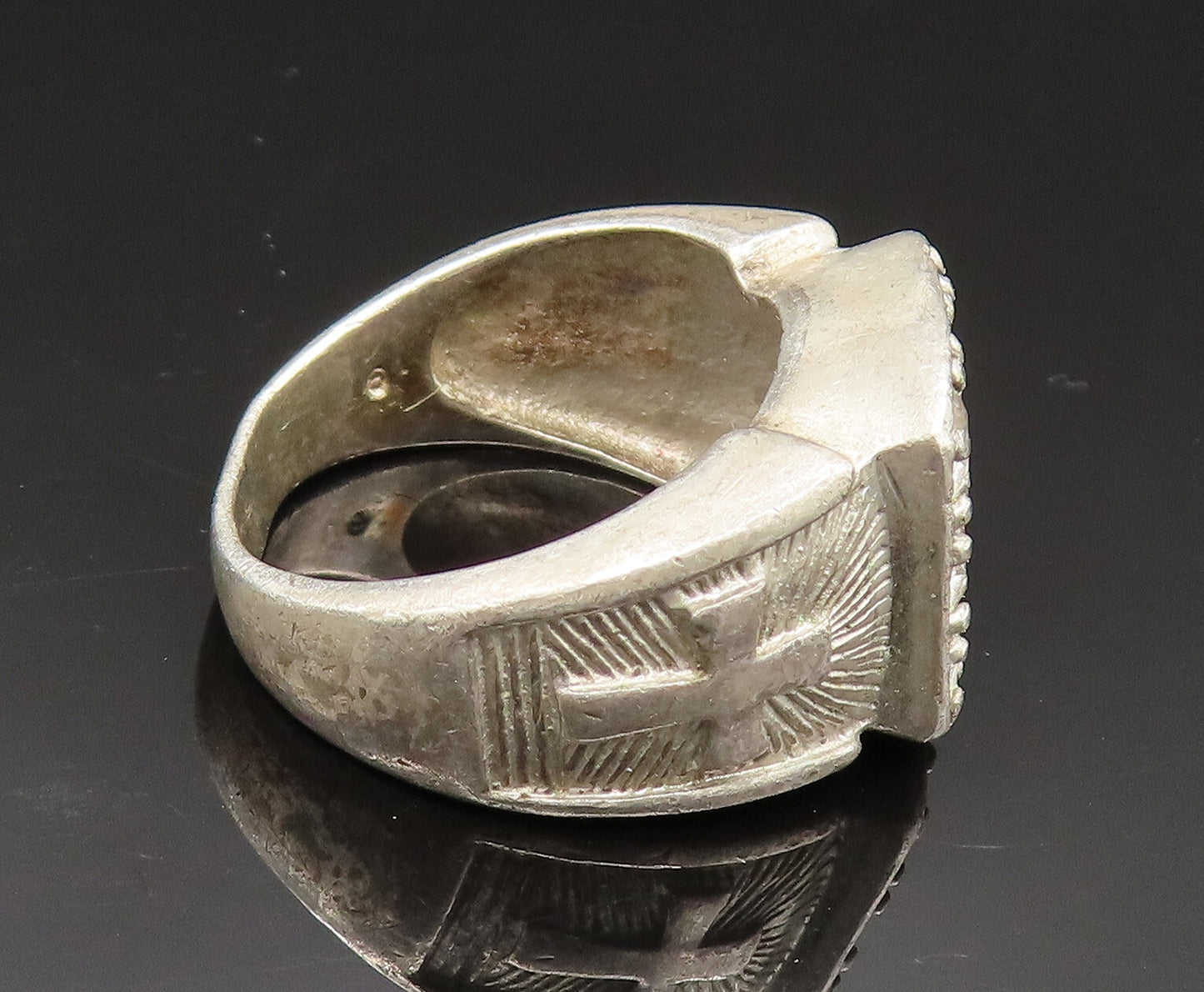 925 Silver  Vintage Cubic Zirconia Religious Cross Signet Ring Sz 9  RG24872