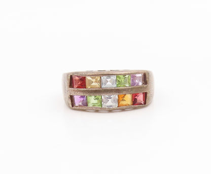 925 Sterling Silver Vintage Ring Multi Gemstone Geometric Band  Sz 8  RG35347