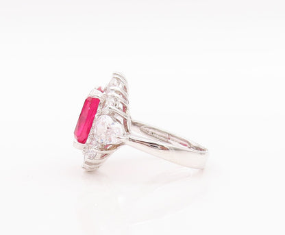 925 Sterling Silver Vintage Ring Rectangle Pink & White CZ Flower Sz 7  RG29605