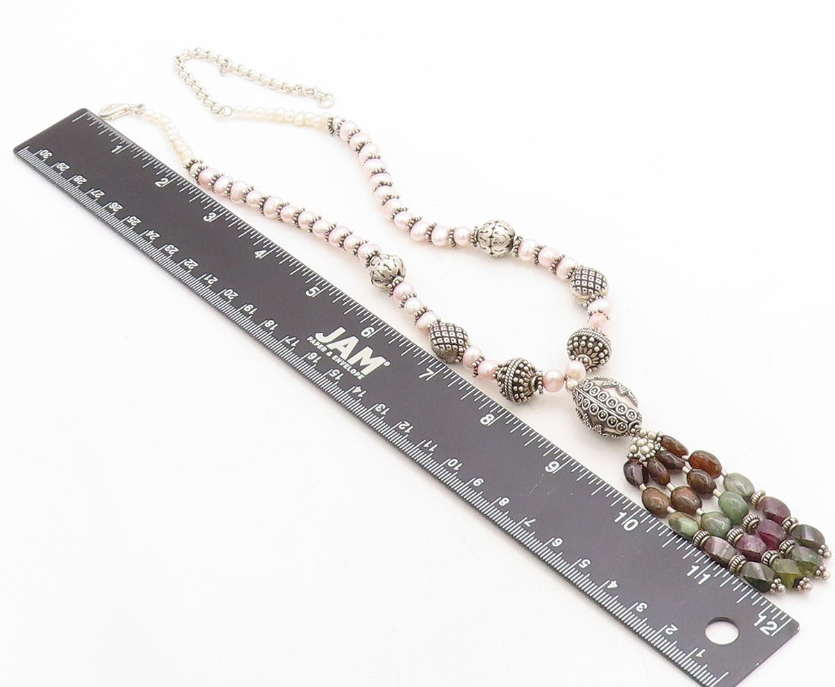 925 Sterling Silver  Vintage Pearls Agate & Amethyst Chain Necklace  NE1655