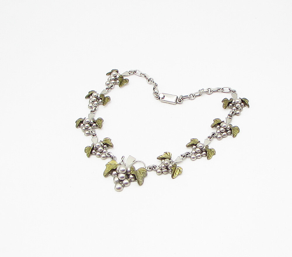 MEXICO 925 Sterling Silver Vintage 2 Tone Grape Vine Linked Necklace PT2479