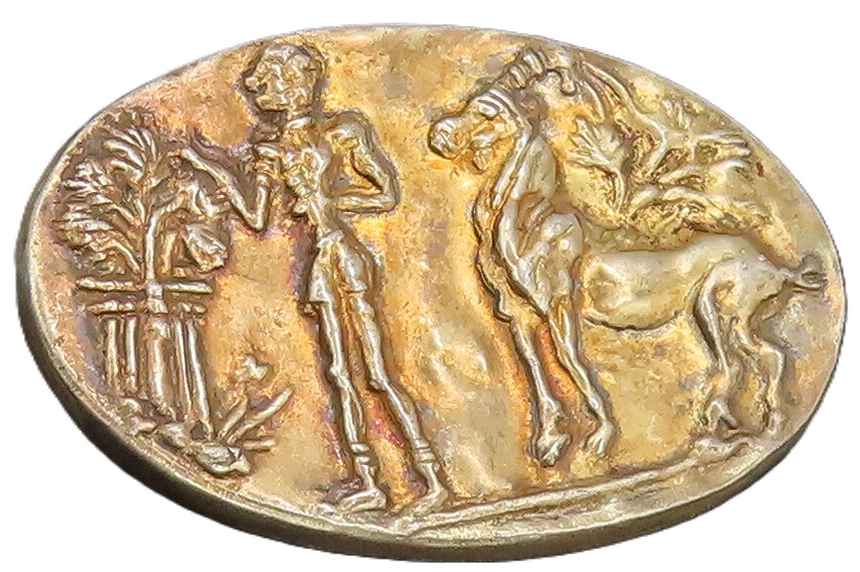 925 Sterling Silver  Vintage Carved Man Tree Horse Oval Brooch Pin  BP10341