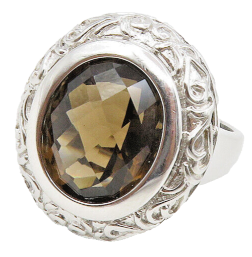925 Sterling Silver  Smoky Topaz Baroque Swirl Cocktail Ring Sz 8  RG13898