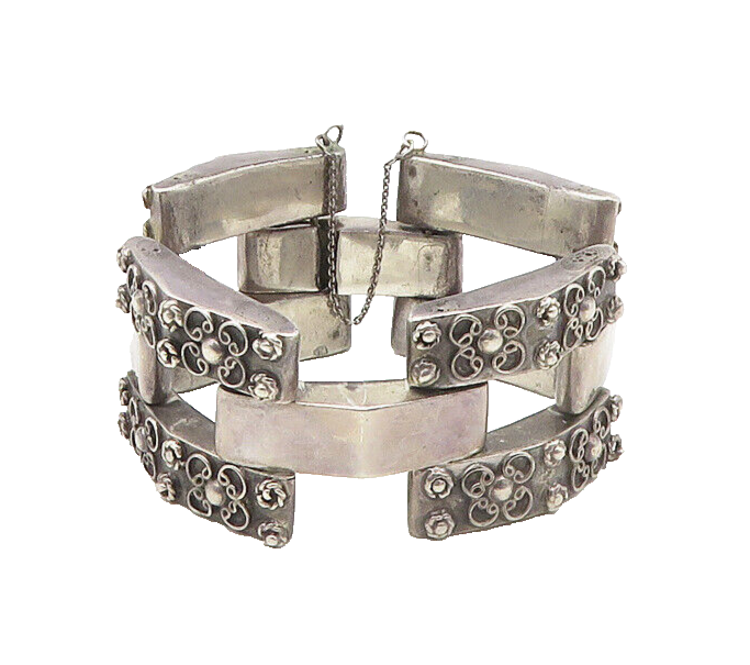 925 Sterling Silver  Vintage Dark Tone Flower Pattern Chain Bracelet  BT6801