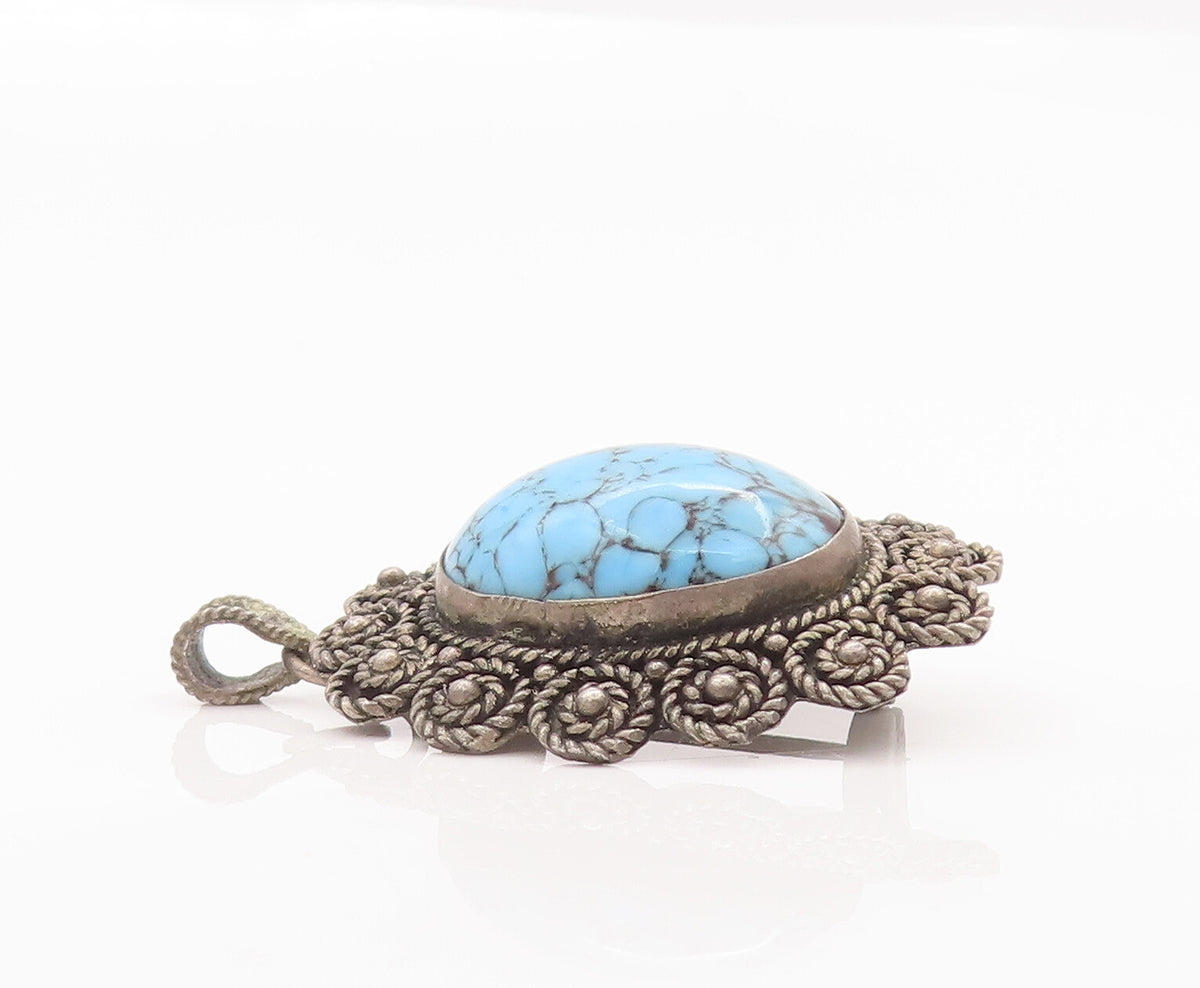 925 Sterling Silver Vintage Brooch Pin ISRAEL Turquoise Roped Flowers  BP10703