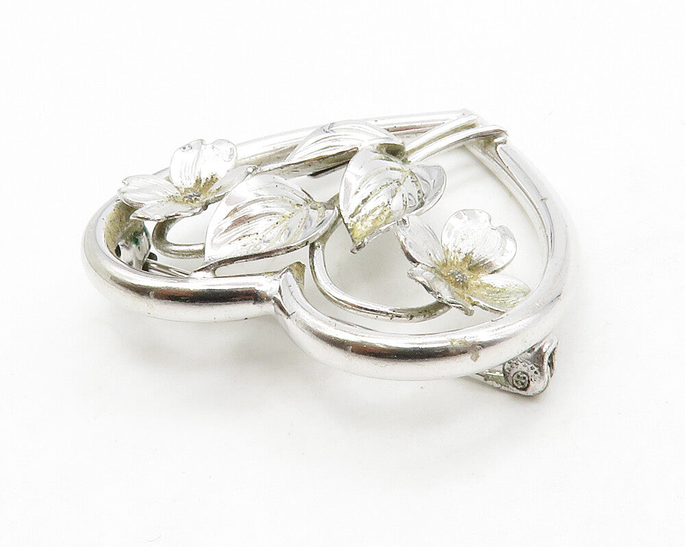 HARRY S. BICK 925 Silver  Vintage Shiny Floral Love Heart Brooch Pin  BP5050