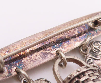 925 Sterling Silver  Vintage Love Hearts & Basket Charmed Brooch Pin  BP8528