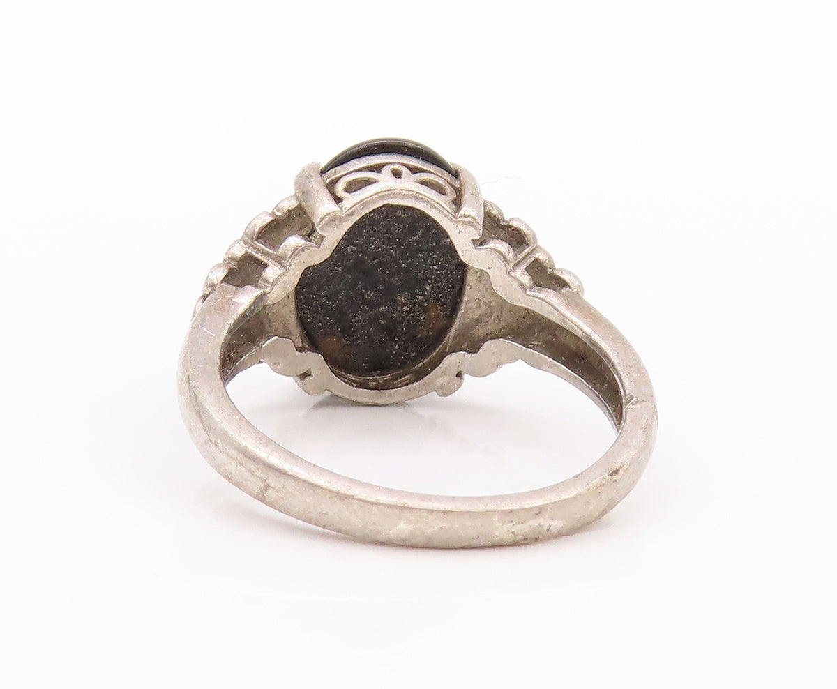 925 Sterling Silver Vintage Ring Floral Carved Cabochon Gemstone  SZ 8  RG32238