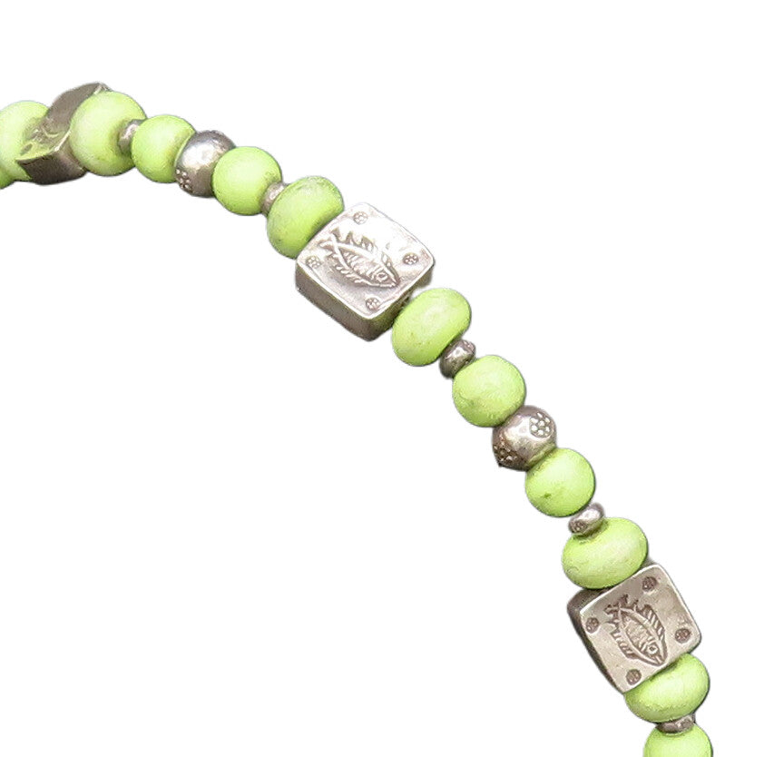 925 Silver  Vintage Green Turquoise Beads & Engraved Fish Bracelet  BT9673