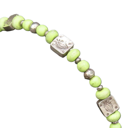 925 Silver  Vintage Green Turquoise Beads & Engraved Fish Bracelet  BT9673