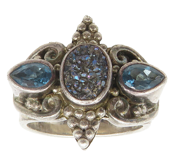 SAJEN 925 Silver  Vintage Druzy Stone & Blue Topaz Band Ring Sz 7  RG18575