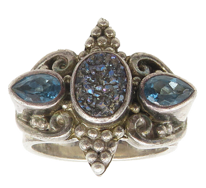 SAJEN 925 Silver  Vintage Druzy Stone & Blue Topaz Band Ring Sz 7  RG18575