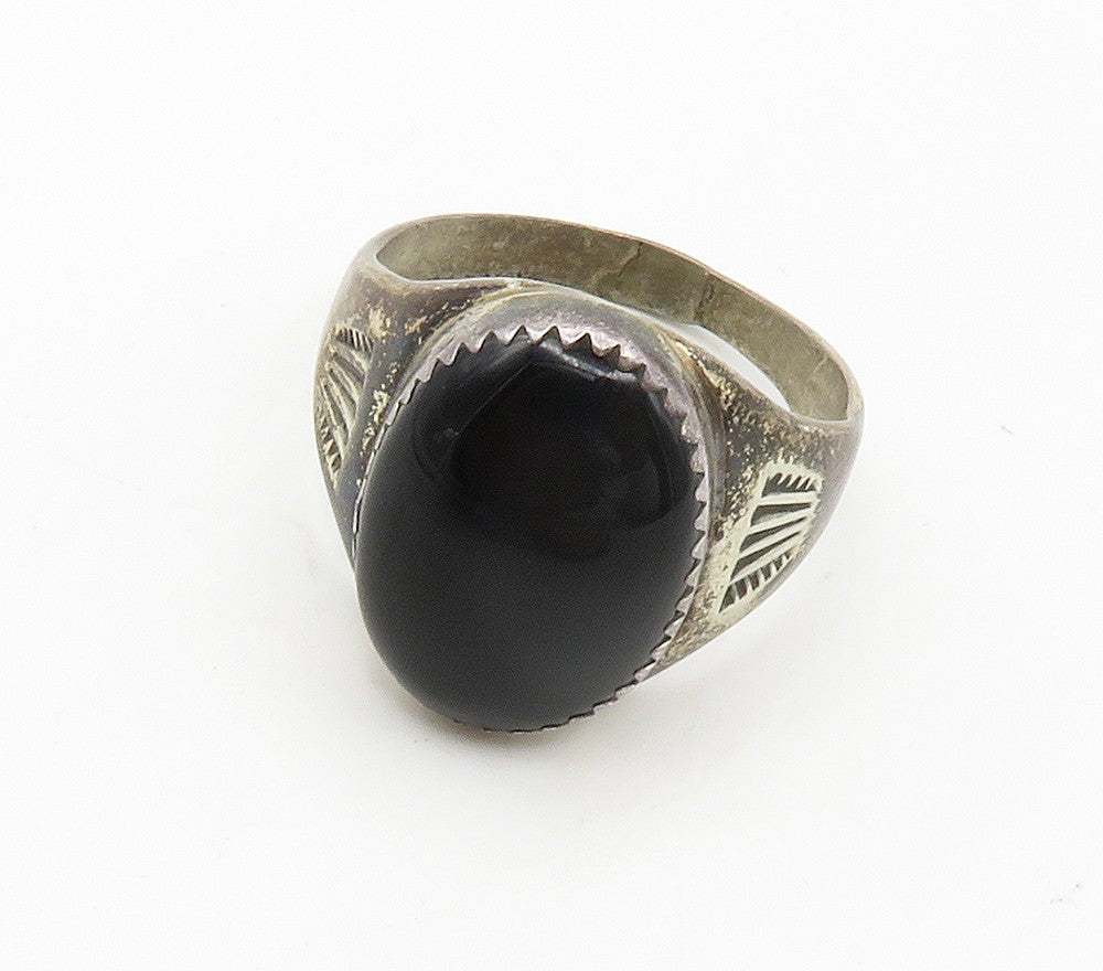 NAVAJO 925 Silver Vintage Cabochon Black Onyx Cocktail Ring  Sz 11  RG15273
