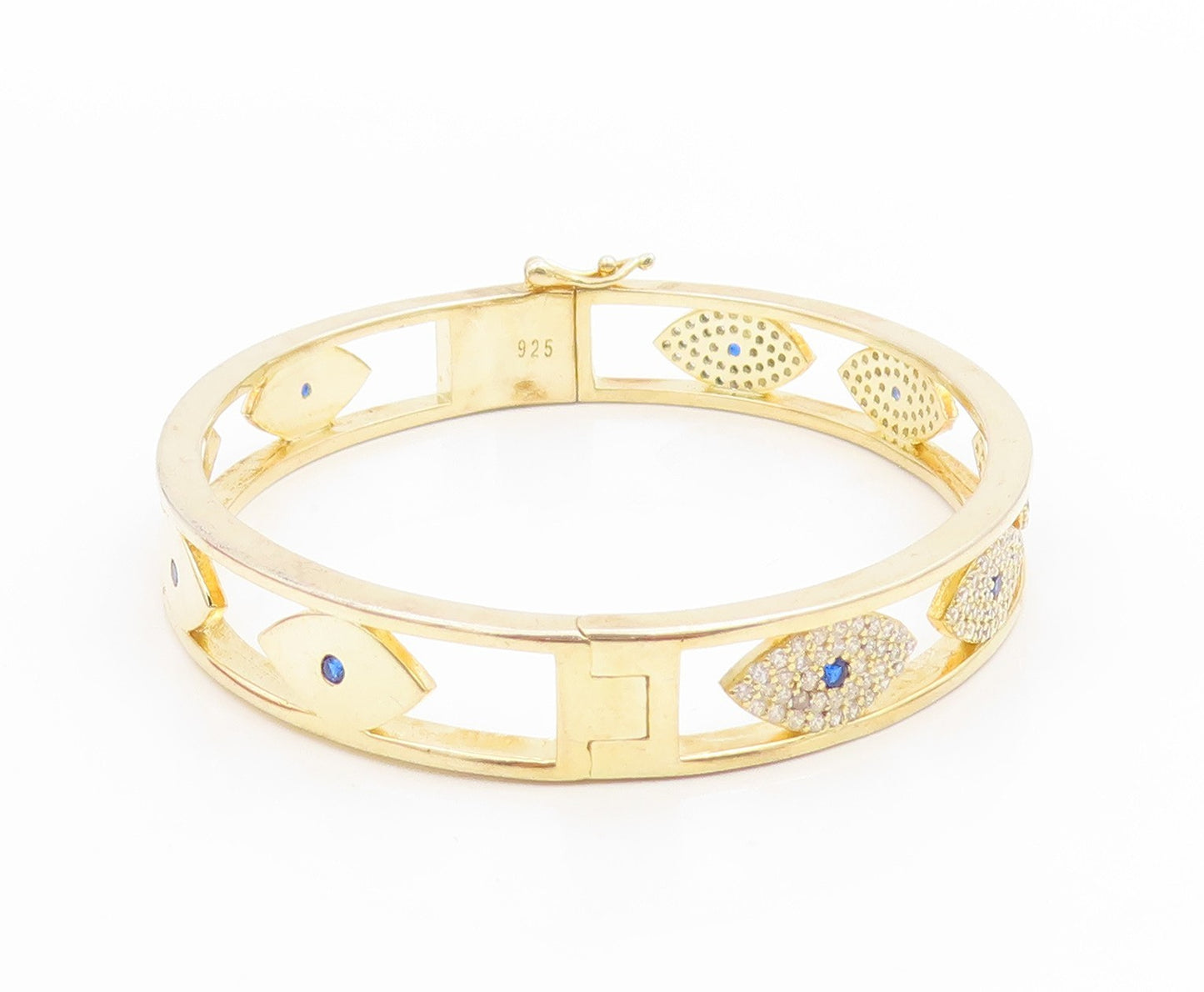 925 Sterling Silver Vintage Bracelet Gold Plated CZ Evil Eye Bangle  BT12004
