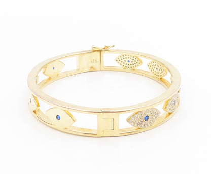 925 Sterling Silver Vintage Bracelet Gold Plated CZ Evil Eye Bangle  BT12004