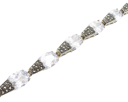 925 Sterling Silver  Shiny Cubic Zirconia & Marcasite Chain Bracelet  BT6829
